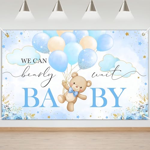 Mocsicka We Can Bearly Wait Backdrop Banner Blue Bear Baby Shower Decorations for Boy Bear Baby Shower Party Decorations Photo Booth Props (Blue, 6x3.6ft) - Image 1