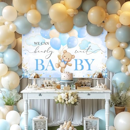 Mocsicka We Can Bearly Wait Backdrop Banner Blue Bear Baby Shower Decorations for Boy Bear Baby Shower Party Decorations Photo Booth Props (Blue, 6x3.6ft) - Image 2