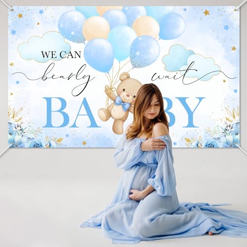 Mocsicka We Can Bearly Wait Backdrop Banner Blue Bear Baby Shower Decorations for Boy Bear Baby Shower Party Decorations Photo Booth Props (Blue, 6x3.6ft) - Image 5
