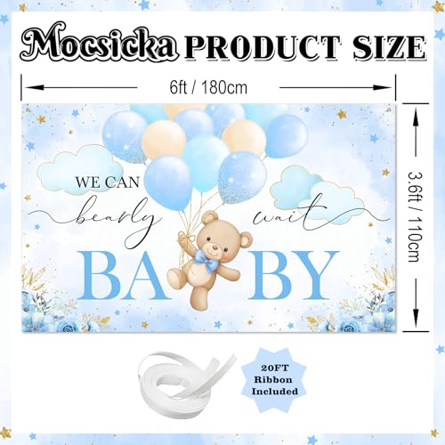 Mocsicka We Can Bearly Wait Backdrop Banner Blue Bear Baby Shower Decorations for Boy Bear Baby Shower Party Decorations Photo Booth Props (Blue, 6x3.6ft) - Image 4