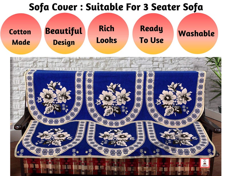 HOMECROWN Beautiful Floral Design 3 Seater Cotton Fabric Sofa Cover Set for Living Room (Blue Color - 2 Pieces) - Image 3