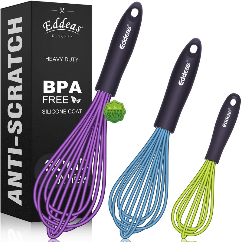 Eddeas Silicone Whisk Eddeas Non Scratch Coated Whisks for Cooking Baking Balloon wisk Kitchen Whisk Set of 3 Size 75 9 11