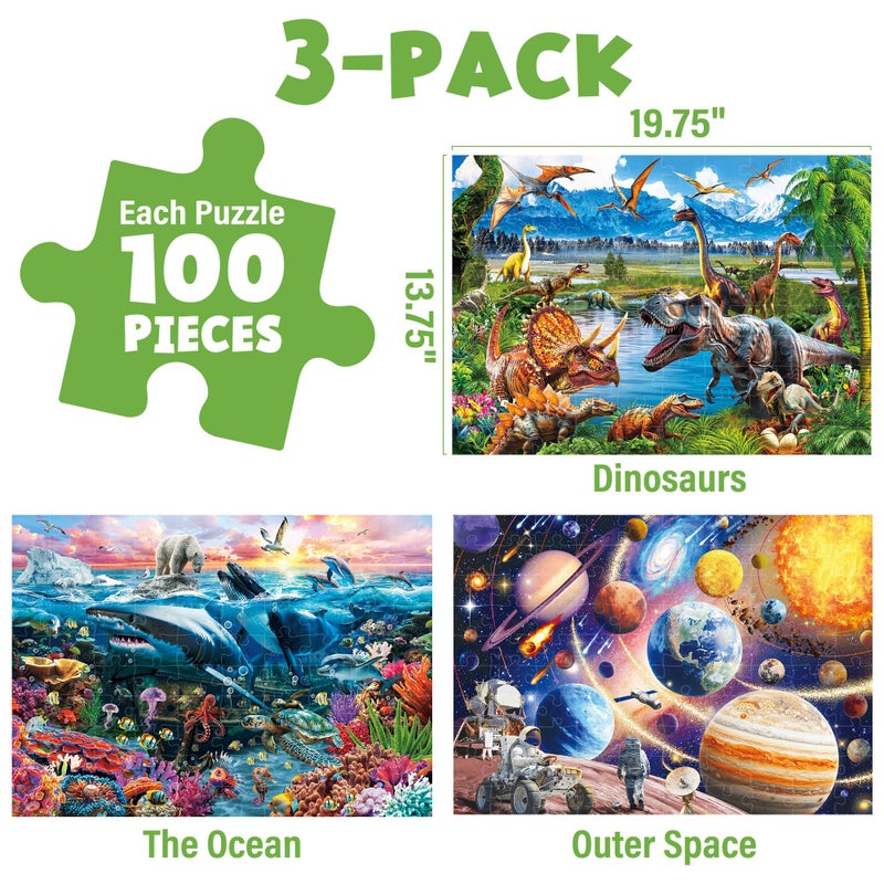 BenBen Puzzles for Kids Ages 4-6, 3 Pack 100 Pieces Large Puzzles for Toddlers 3-5 (Dinosaurs, Outer Space, Ocean Life), Learning & Educational Games for Kids 6-8, 19.75â€ x 13.75â€ - Image 2
