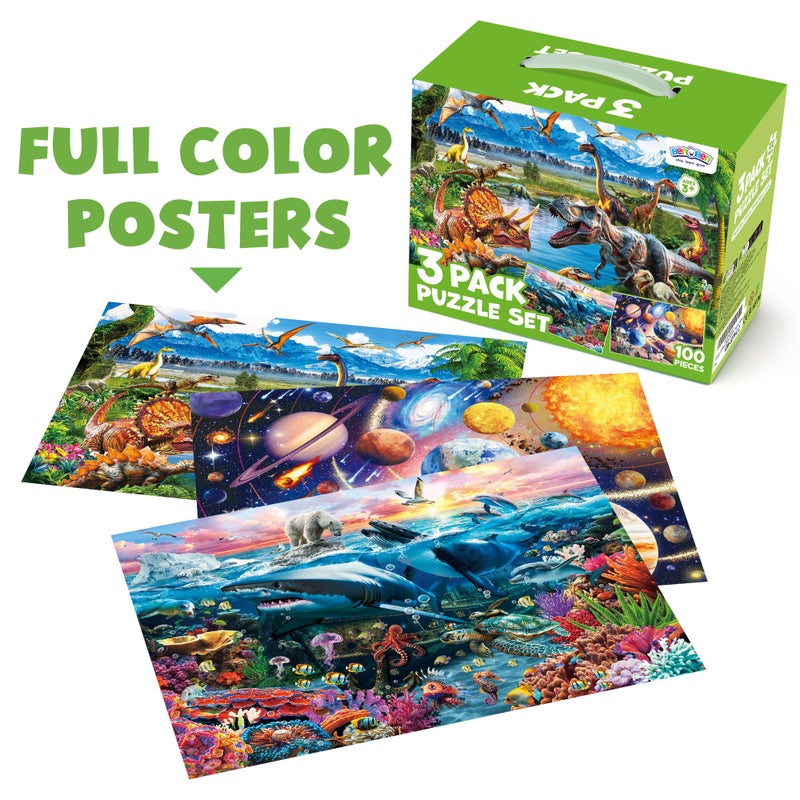BenBen Puzzles for Kids Ages 4-6, 3 Pack 100 Pieces Large Puzzles for Toddlers 3-5 (Dinosaurs, Outer Space, Ocean Life), Learning & Educational Games for Kids 6-8, 19.75â€ x 13.75â€ - Image 5