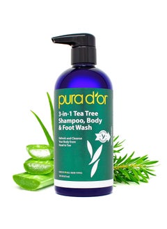 PURA DOR 16 Oz 3in1 Tea Tree Shampoo Body  Foot Wash Shampoo  Total Body Care  Foot Odor  Daily Hygiene Cleansing Routine PostWorkout Refreshment  Soothes Invigorates Nourishes