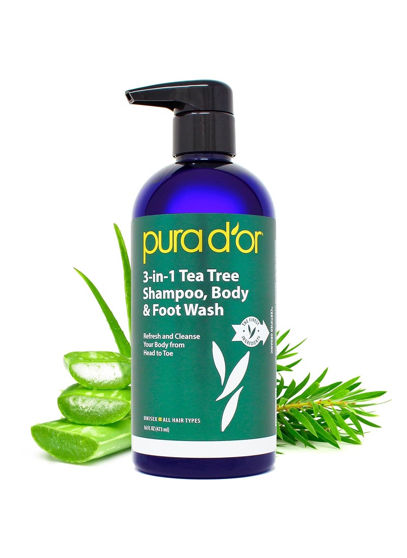 Pura d'or - PURA DOR 16 Oz 3in1 Tea Tree Shampoo Body  Foot Wash Shampoo  Total Body Care  Foot Odor  Daily Hygiene Cleansing Routine PostWorkout Refreshment  Soothes Invigorates Nourishes - Image 1