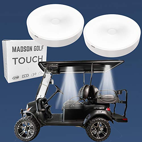 MADSON GOLF 2-Pk Universal Golf Cart Roof Stick On Anywhere One Touch LED Light fits Club Car, Onward, Precedent, EZGO, Yamaha, and Garia carts, USB Rechargeable Puck Designed for Golf cart use, Great Golf Gifts - Image 1