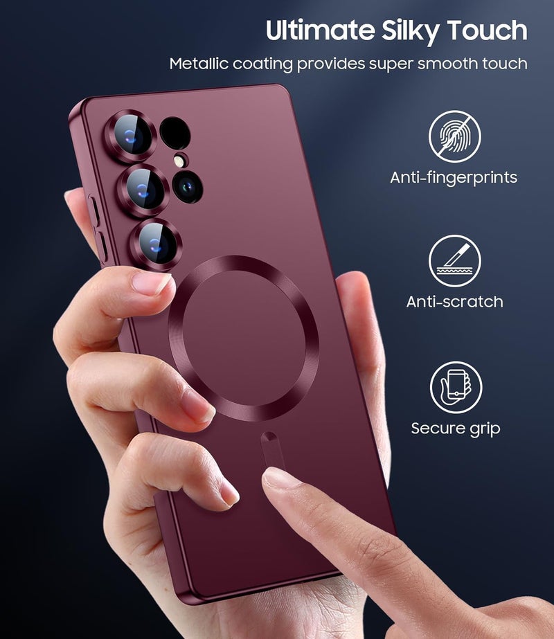 DIZORO Samsung S24 Ultra case Compatible with Mag Safe Matte Luxury Metallic Luster Flexible TPU Shockproof Back Cover with Camera Protector Lens - Wine - Image 5