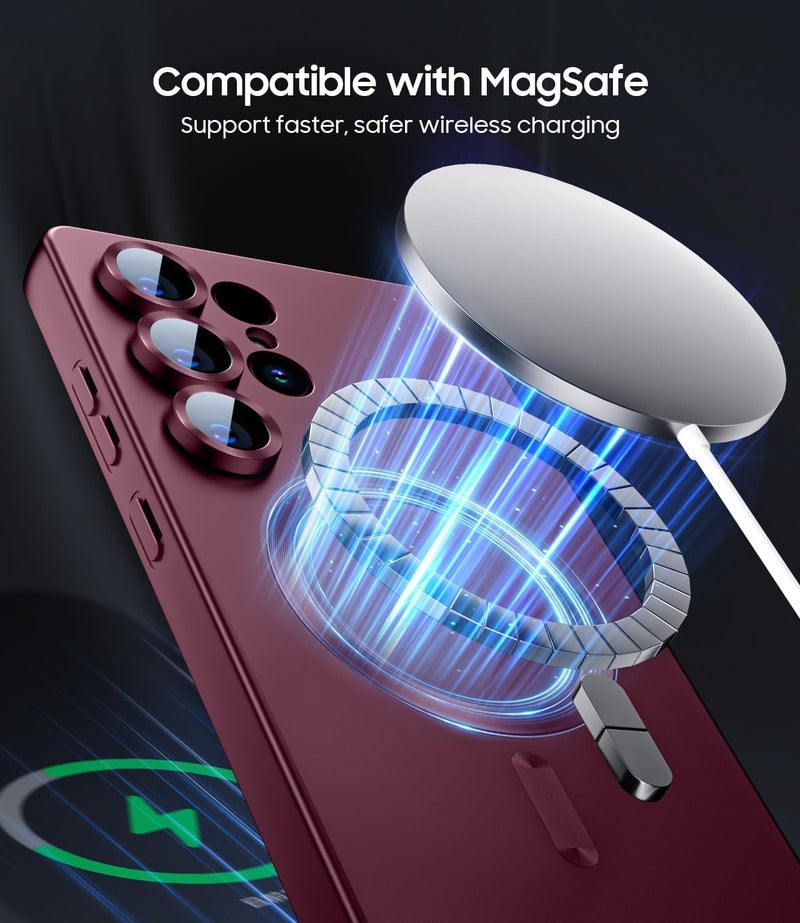 DIZORO Samsung S24 Ultra case Compatible with Mag Safe Matte Luxury Metallic Luster Flexible TPU Shockproof Back Cover with Camera Protector Lens - Wine - Image 3