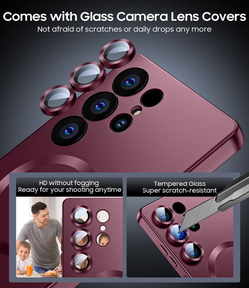 DIZORO Samsung S24 Ultra case Compatible with Mag Safe Matte Luxury Metallic Luster Flexible TPU Shockproof Back Cover with Camera Protector Lens - Wine - Image 2