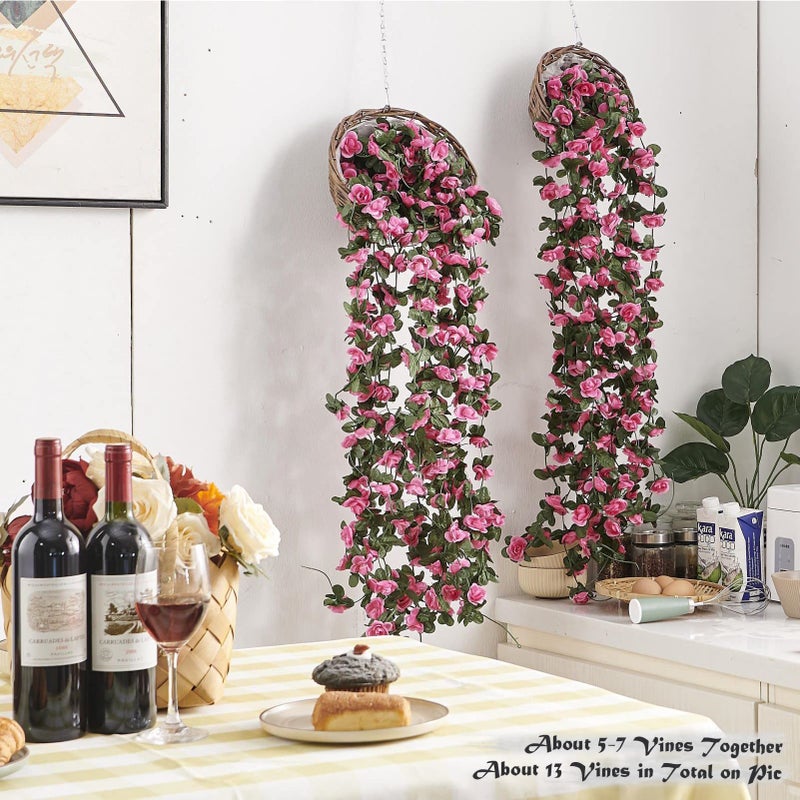 PONKING 8 Pcs x 8.2 ft Flower Garland Artificial Rose Vine Flowers with Green Leaves Hanging Fake Roses Vine for Room Party Home Wedding Birthday Christmas Wall Arch Decor, Spring Magenta Flower - Image 2