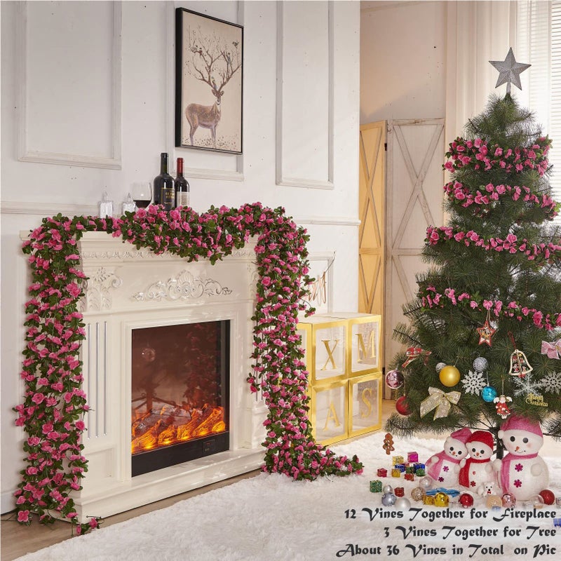PONKING 8 Pcs x 8.2 ft Flower Garland Artificial Rose Vine Flowers with Green Leaves Hanging Fake Roses Vine for Room Party Home Wedding Birthday Christmas Wall Arch Decor, Spring Magenta Flower - Image 3