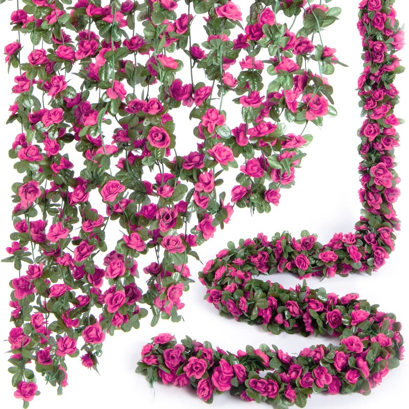 PONKING 8 Pcs x 8.2 ft Flower Garland Artificial Rose Vine Flowers with Green Leaves Hanging Fake Roses Vine for Room Party Home Wedding Birthday Christmas Wall Arch Decor, Spring Magenta Flower - Image 1