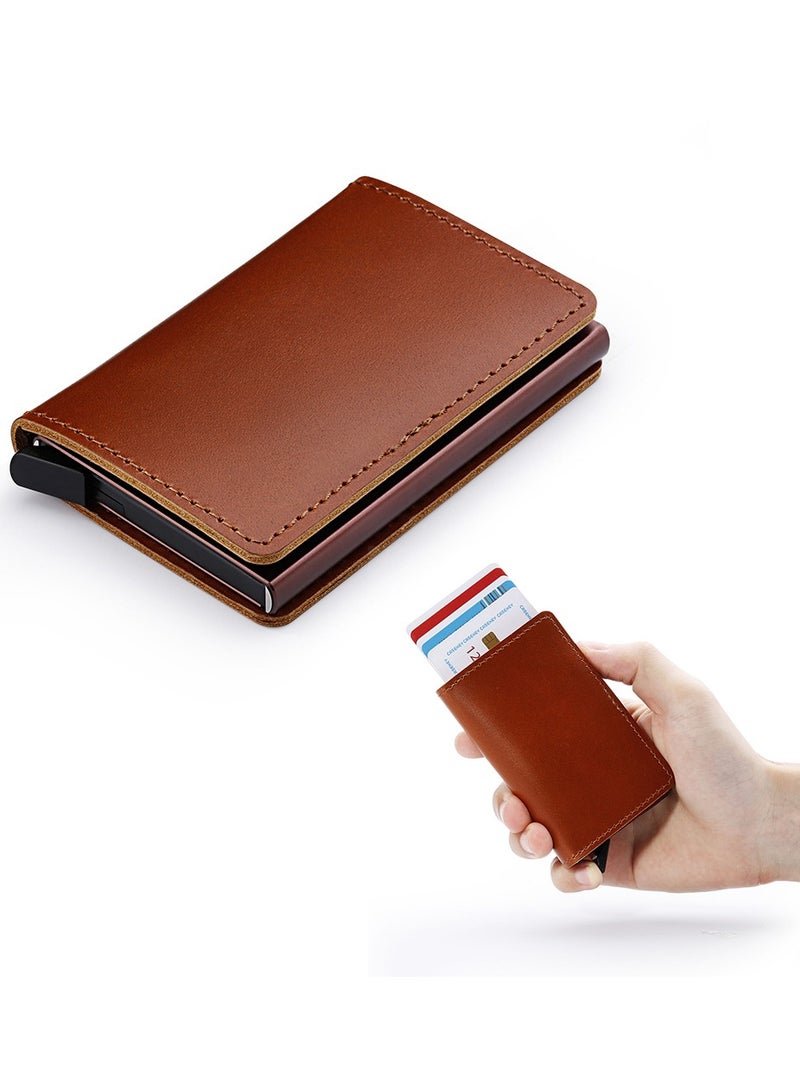 Slim RFID Blocker Leather Wallet Vintage Aluminum Business Card Holder for Travel Security and Style Brown - Image 1