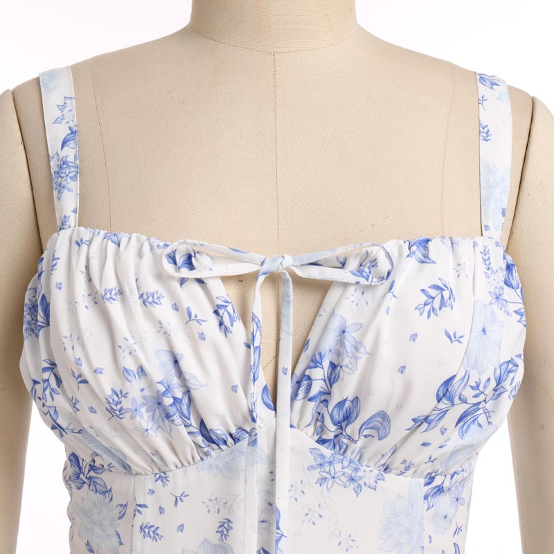 AGYMNX Women's Floral Corset Dress Formal Cocktail Dresses Going Out Casual Sundress Split Thigh Spaghetti Strap Vintage Dress Blue - Image 2