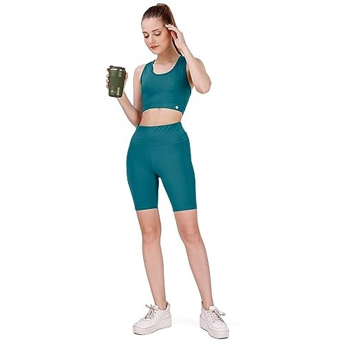 SOIE Women Polyester Blend Sports Shorts High Waist Knee Length with Side Pocket Quick Dry Squat Proof Athleisure Shorts for Workout, Yoga, Gym, Teal, XXL - Image 5