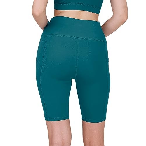 SOIE Women Polyester Blend Sports Shorts High Waist Knee Length with Side Pocket Quick Dry Squat Proof Athleisure Shorts for Workout, Yoga, Gym, Teal, XXL - Image 2