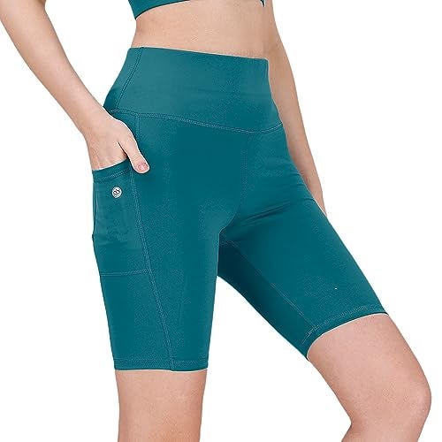 SOIE Women Polyester Blend Sports Shorts High Waist Knee Length with Side Pocket Quick Dry Squat Proof Athleisure Shorts for Workout, Yoga, Gym, Teal, XXL - Image 3