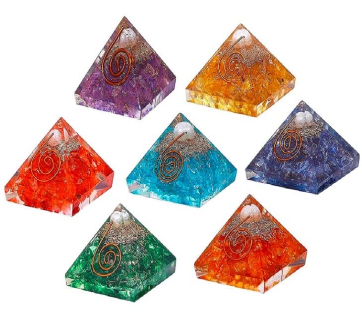Sawcart Set of 7 Pcs Seven Chakra Orgone Crystal Pyramid with Pearl of Dyed Crystal Multistone for Reiki Healing Spiritual Yoga Meditation Energy Generator Positive Energy Generator Size 2025MM
