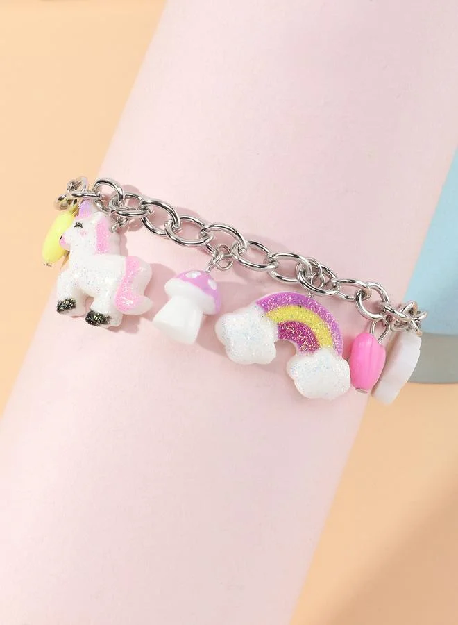 Girls Multi-Color Unicorn and Rainbow Charm Bracelet