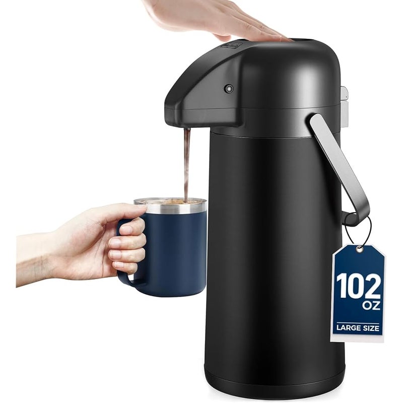 Gezoss Coffee Carafe for Keeping Hot -  102OZ / 3L Airpot Coffee Dispenser with Pump - Large Coffee Carafe for Hot Drinks Tea Liquid - Insulated Stainless Steel Hot Water Beverage for Parties,Black - Image 1