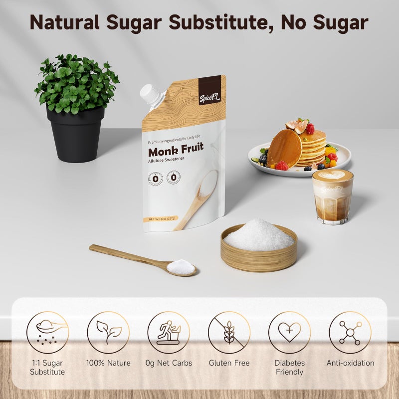 محلي فواكه الراهب SPICEEL مع الأليوز - بديل السكر الأبيض، للقهوة، الشاي، بدون إريثريتول، خالي من الغلوتين، نباتي، مناسب للكيتو، بديل السكر (8 أونصات) - Image 2