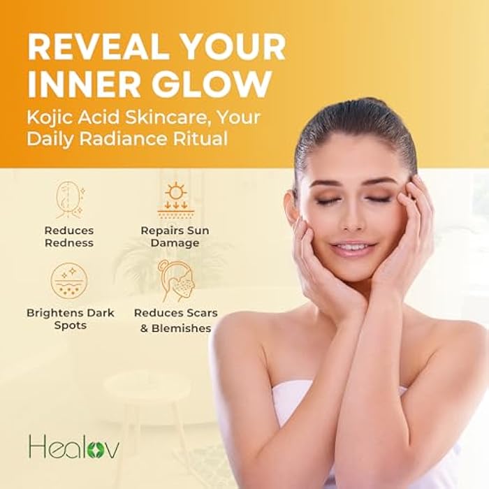 Healov مجموعة العناية بالبشرة بحمض الكوجيك – صابون الكوجيك المنظف، مقشر الجسم، كريم الوجه وسيروم تفتيح الوجه – علاج تفتيح البشرة وعلاج البقع الداكنة – مع الكركم والبابايا - Image 4