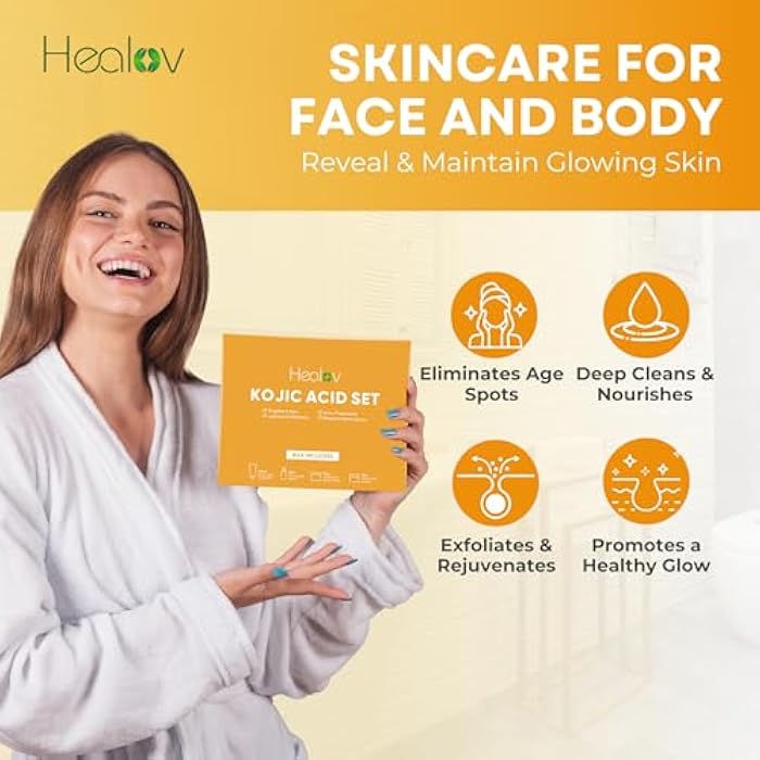 Healov مجموعة العناية بالبشرة بحمض الكوجيك – صابون الكوجيك المنظف، مقشر الجسم، كريم الوجه وسيروم تفتيح الوجه – علاج تفتيح البشرة وعلاج البقع الداكنة – مع الكركم والبابايا - Image 3