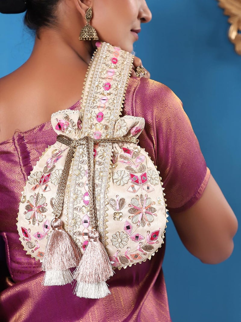 MASQ by Q-One Embroidered Silk Potli Bags - Handcrafted for Weddings, Festive Season & Special Occasions with Beads and Sequins - Made in India - Image 3