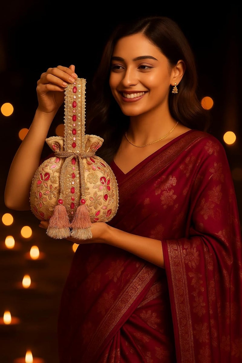 MASQ by Q-One Embroidered Silk Potli Bags - Handcrafted for Weddings, Festive Season & Special Occasions with Beads and Sequins - Made in India - Image 4
