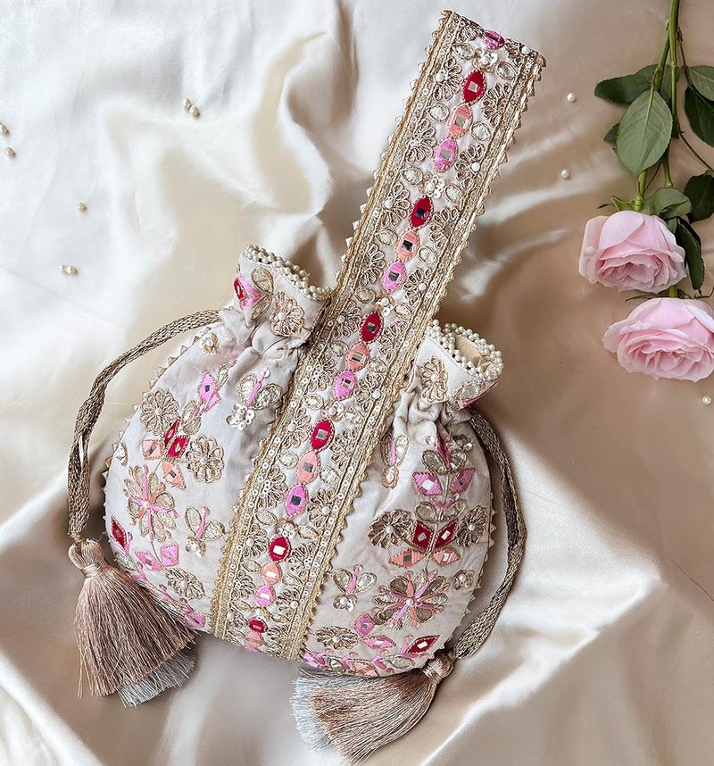 MASQ by Q-One Embroidered Silk Potli Bags - Handcrafted for Weddings, Festive Season & Special Occasions with Beads and Sequins - Made in India - Image 2