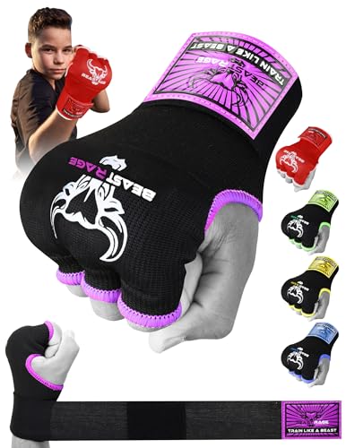 BEAST RAGE Inner Gloves with Hand Wraps Quick Wrap Long 36 Wrist Support MMA Muay Thai Bandages Punching Martial Arts Training Men Women Kickboxing Bandages Under Bag Gloves Purple Kids Junior - Image 1