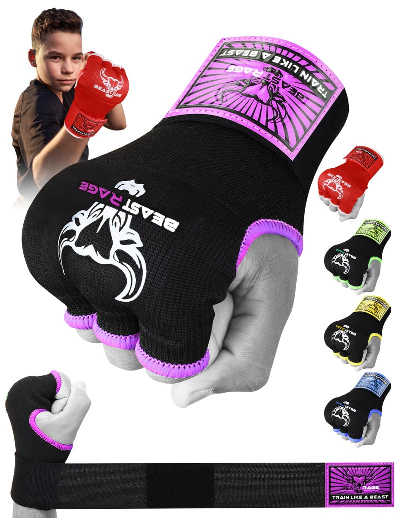 BEAST RAGE Inner Gloves with Hand Wraps Quick Wrap Long 36 Wrist Support MMA Muay Thai Bandages Punching Martial Arts Training Men Women Kickboxing Bandages Under Bag Gloves Purple Kids Junior - Image 2