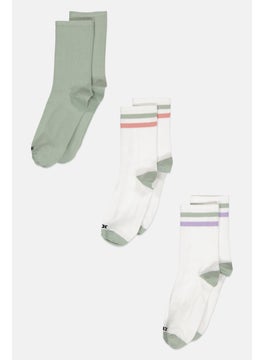 Women 3 Pair Striped Long Socks, White