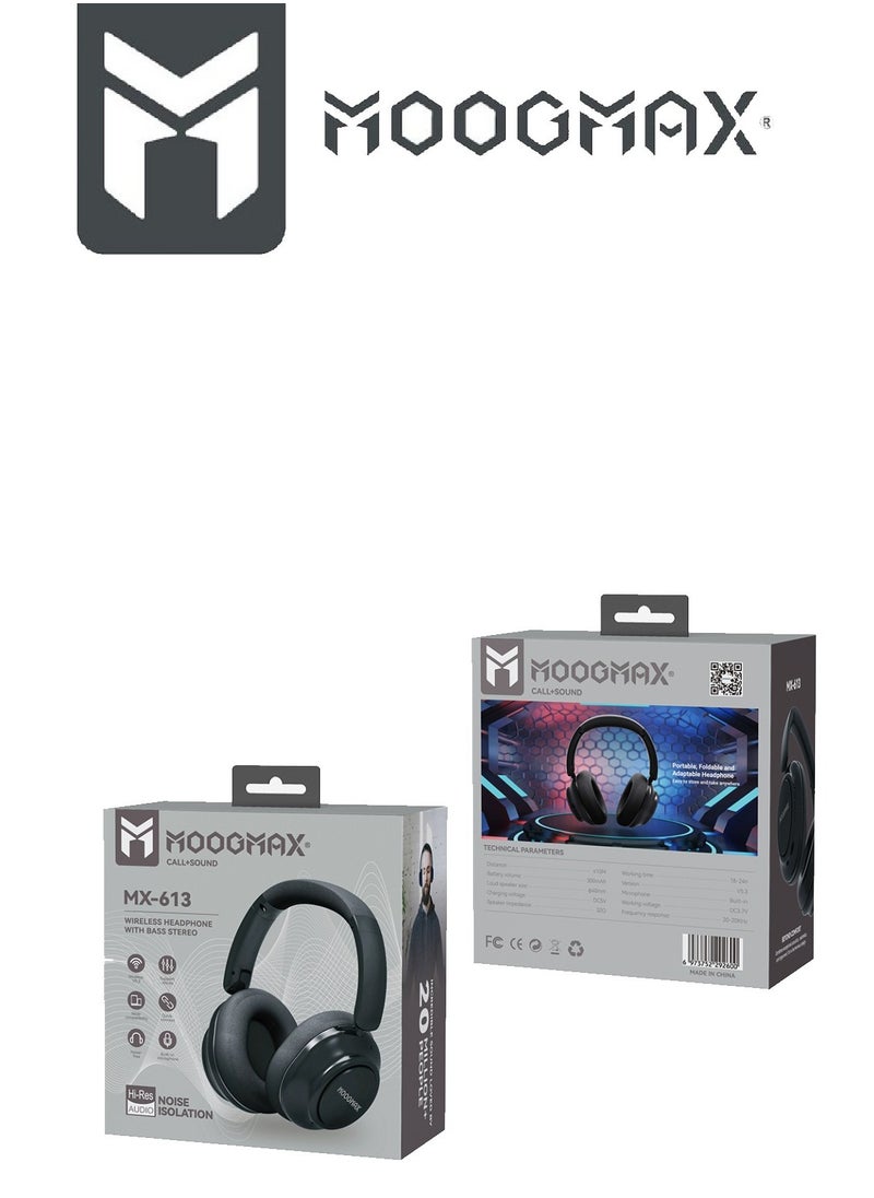 MOOGMAX MX-613 Wireless Bluetooth Headphones with Built-in Microphone for Calls. Bass-free headphones with clear stereo sound. headphones wireless with the latest Bluetooth 5.3 version. headphones bluetooth with up to 18-24 hours of playback time. Foldable, height-adjustable wireless headset. headset wireless compatible with all phones. over ear headphones with comfortable, soft cushions. Moogmax headphones in black.  - Image 3