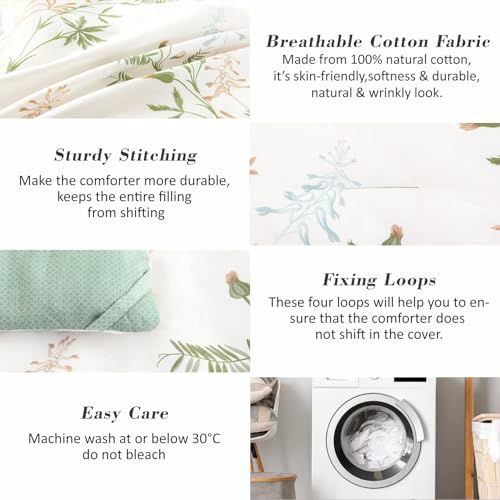 ALEISSEL Natural Cotton 3pcs Botanical Comforter Sets King Size-Green Comforter with Luxurious Tan & Gray Leaves on White, Reversible Lightweight Floral Bedding Sets(King 104"×90") - Image 5