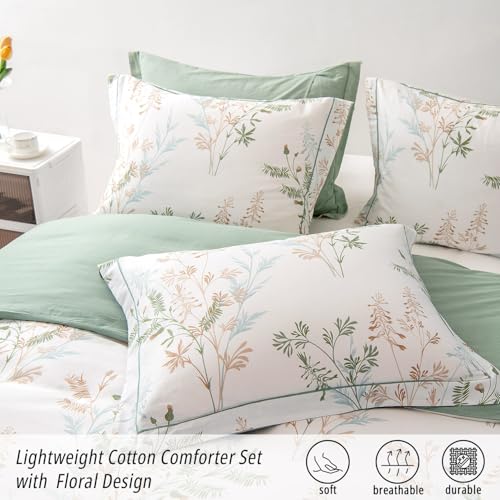 ALEISSEL Natural Cotton 3pcs Botanical Comforter Sets King Size-Green Comforter with Luxurious Tan & Gray Leaves on White, Reversible Lightweight Floral Bedding Sets(King 104"×90") - Image 2
