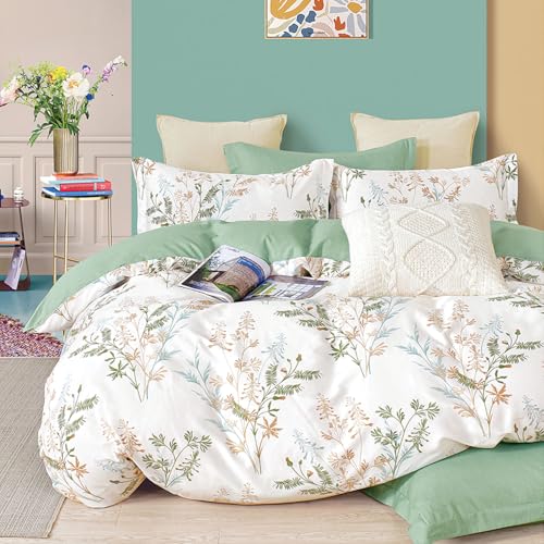 ALEISSEL Natural Cotton 3pcs Botanical Comforter Sets King Size-Green Comforter with Luxurious Tan & Gray Leaves on White, Reversible Lightweight Floral Bedding Sets(King 104"×90") - Image 1