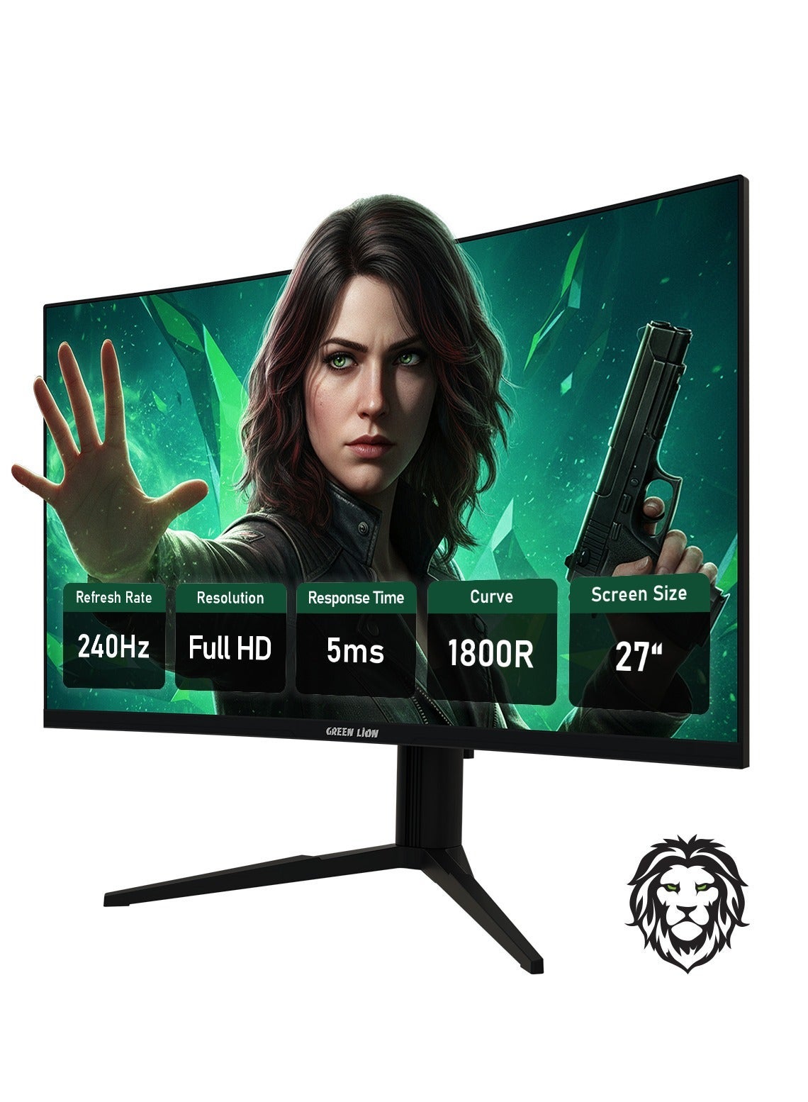 GREEN LION Enigma 27" Curved Gaming Monitor, 1080 Full HD Resolution, 240Hz Refresh Rate, VA Panel, AMD Free Sync, HDR Support, Adjustable Height Stand, Fast responce time 5ms , 1800R Curved Screen, 16:9 Aspect Ratio, LED Backlight - Black
