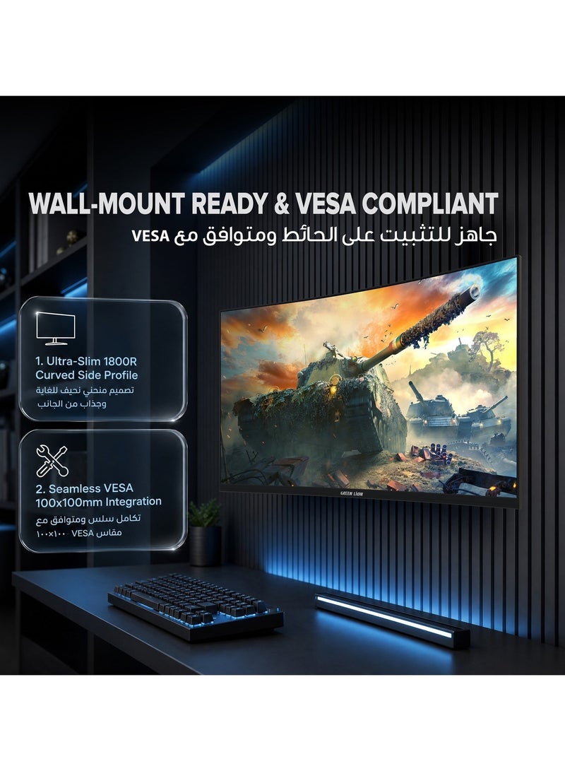 GREEN LION Enigma 27" Curved Gaming Monitor, 1080 Full HD Resolution, 240Hz Refresh Rate, VA Panel, AMD Free Sync, HDR Support, Adjustable Height Stand, Fast responce time 5ms , 1800R Curved Screen, 16:9 Aspect Ratio, LED Backlight - Black - Image 5