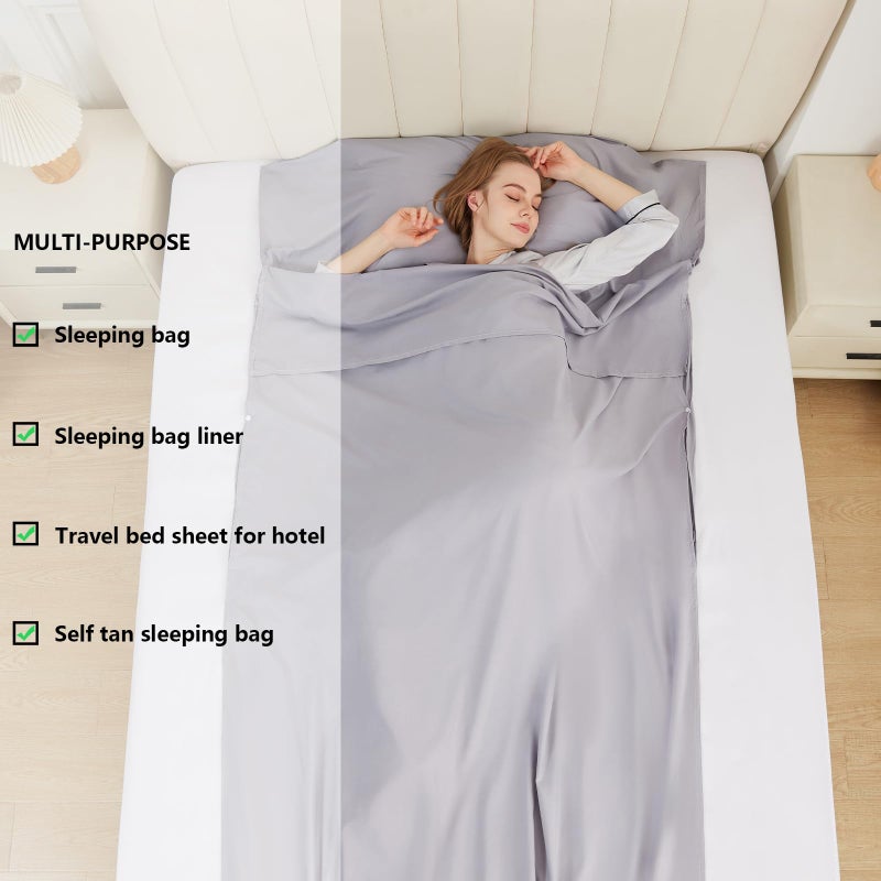 RHINSBENF Sleeping Bag Liner Camping Adult Sleep Sack Lightweight Travel Sheet for Hotel Bed Compact Ultralight Essential Cleaning Supplies Kit Travel Bedding Set for Backpacking (Gray & Single) - Image 5