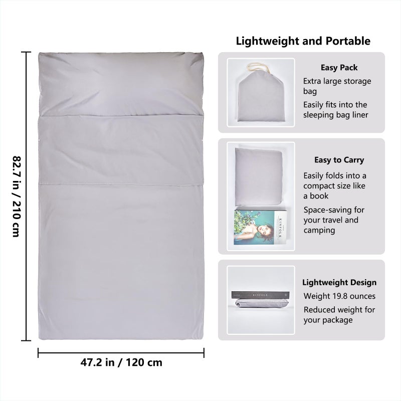 RHINSBENF Sleeping Bag Liner Camping Adult Sleep Sack Lightweight Travel Sheet for Hotel Bed Compact Ultralight Essential Cleaning Supplies Kit Travel Bedding Set for Backpacking (Gray & Single) - Image 2