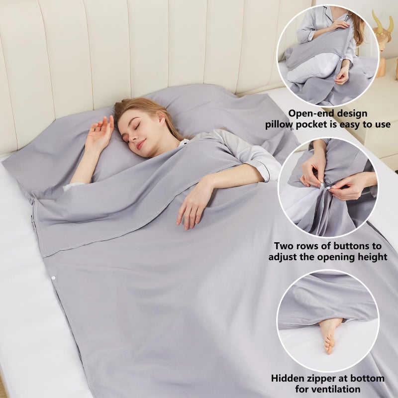 RHINSBENF Sleeping Bag Liner Camping Adult Sleep Sack Lightweight Travel Sheet for Hotel Bed Compact Ultralight Essential Cleaning Supplies Kit Travel Bedding Set for Backpacking (Gray & Single) - Image 4