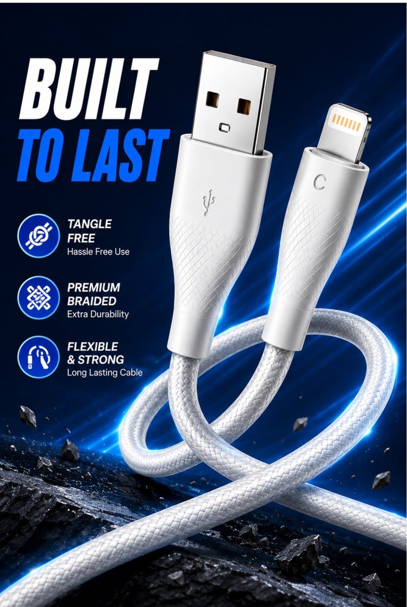 كابل USB إلى لايتنينج للشحن السريع، كابل آيفون مضفر بالنايلون، نقل بيانات عالي السرعة، سلك شحن متين متوافق مع آيفون وآيباد وأجهزة لايتنينج - Image 3