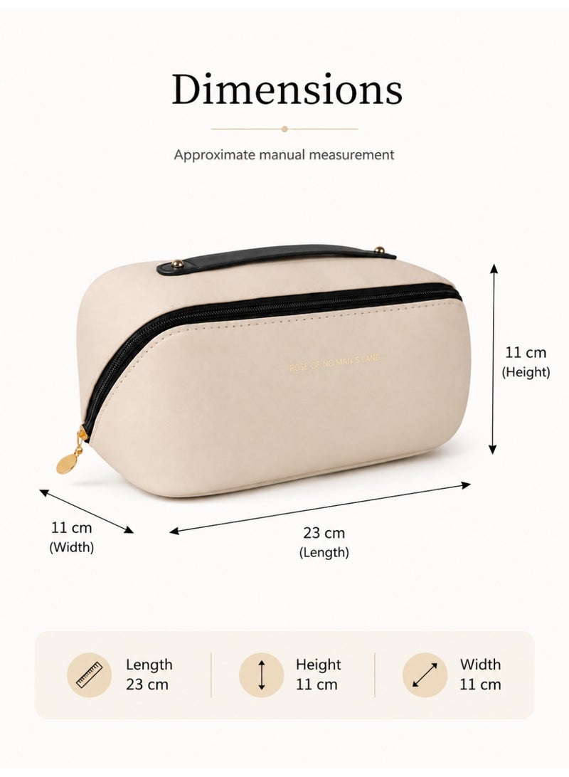 Portable Cosmetic Storage Bag Makeup Organizer Pouch Travel Toiletry Case with Handle Beige - Image 4