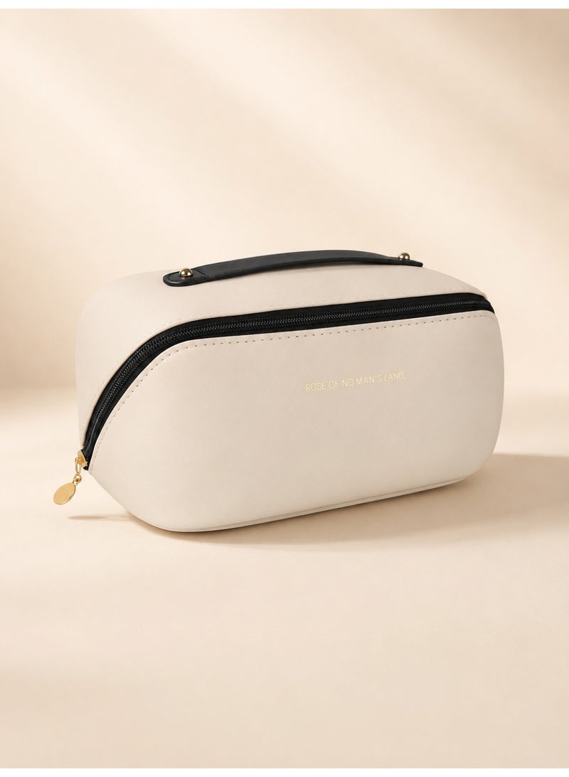 Portable Cosmetic Storage Bag Makeup Organizer Pouch Travel Toiletry Case with Handle Beige - Image 1