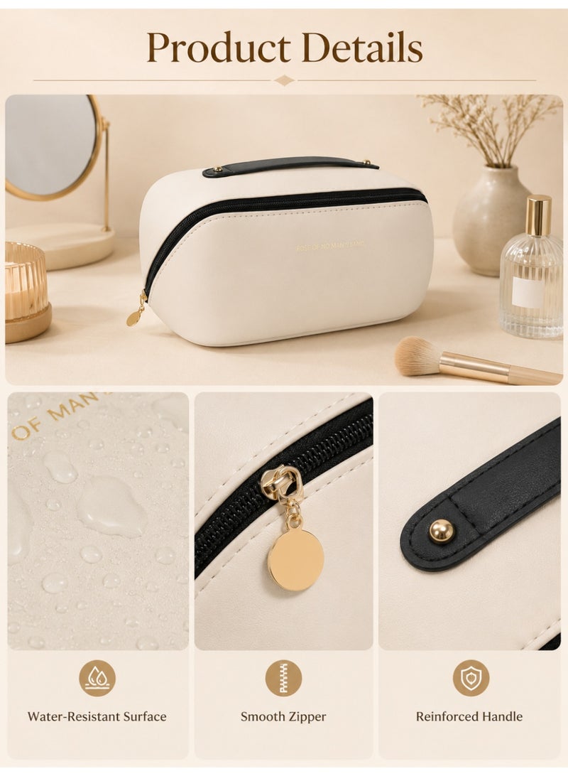 Portable Cosmetic Storage Bag Makeup Organizer Pouch Travel Toiletry Case with Handle Beige - Image 2