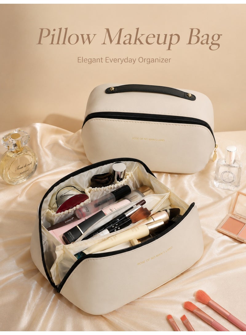 Portable Cosmetic Storage Bag Makeup Organizer Pouch Travel Toiletry Case with Handle Beige - Image 5