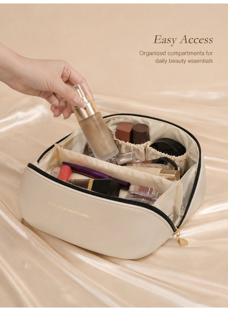 Portable Cosmetic Storage Bag Makeup Organizer Pouch Travel Toiletry Case with Handle Beige - Image 3