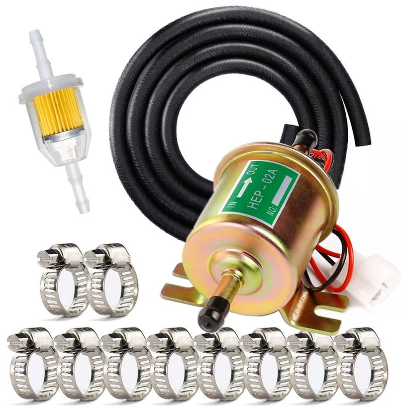 Electric Fuel Pump Kit Universal for Carburetor Lawn Mower Transfer Gas Diesel Include 2 Meter/6.56-Foot 5/16" ID Fuel Line + Fuel Filters + 10pcs Hose Clamp 2.5-4psi HEP02A